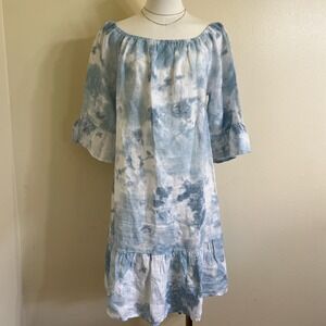 Francesca Bettini Blue White Tie Dye 100% Linen Dress Made in Italy Size M